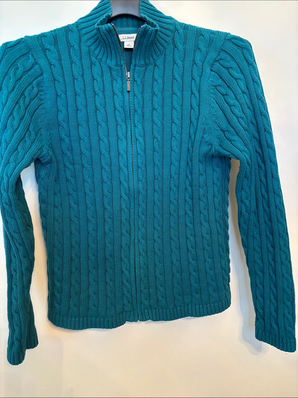 L.L. Bean Women’s Teal Cable-Knit Zip-Up Sweater